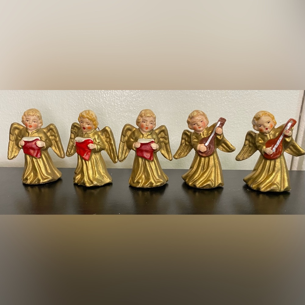 Set of 5 Vintage West Germany Choir Angel Christmas Ornaments Gold Cherub